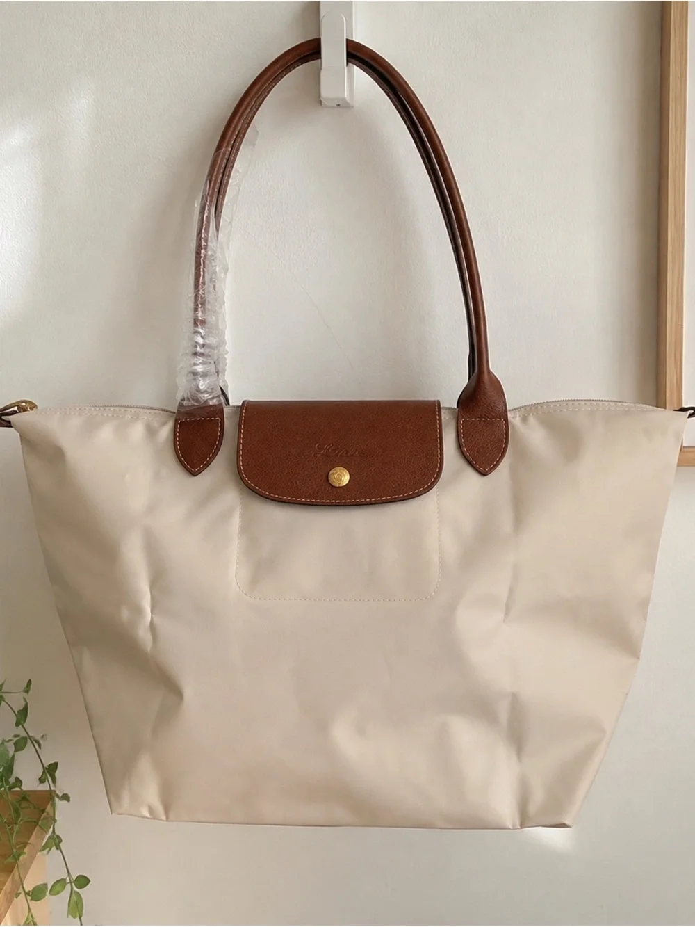 Longchamp Beige Tote with Brown Leather Trim